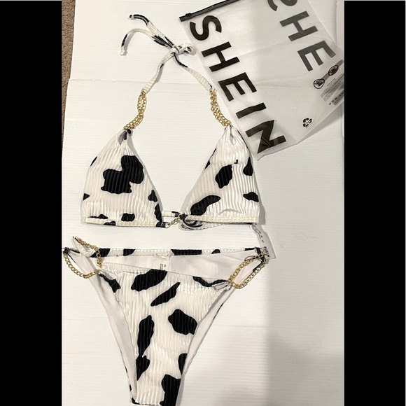 New In Bag SHEIN 2pc Bikini Bathing Suit Blk/ white print w/chain detail size XL - Picture 1 of 12